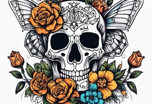 skeleton with body and flowers around it vintage sketch tattoo idea