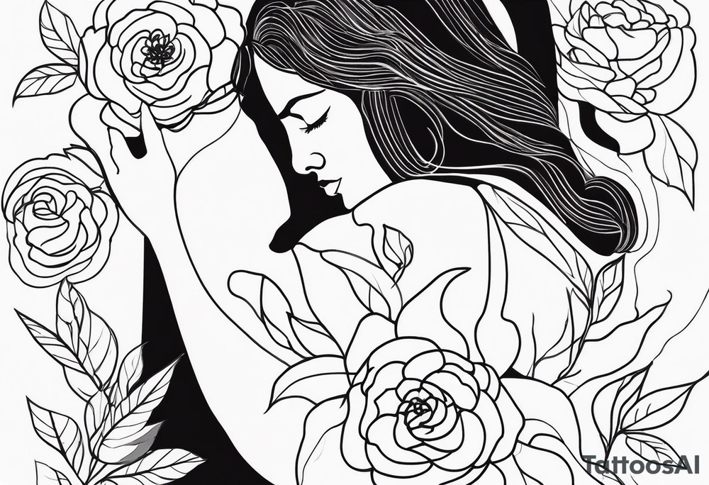 Woman figure drawn by one continuous line ending in a wild rose tattoo idea