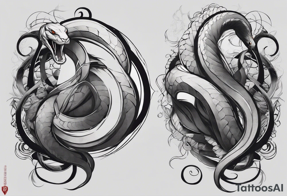 A snake wrapping around the legs of a rough sketch of man with 8 arms, and a blank face in pencil drawing style. The upper part of the snake will come up from the right and look back at the man figure. There will be a black eye above the man looking directly forward. tattoo idea