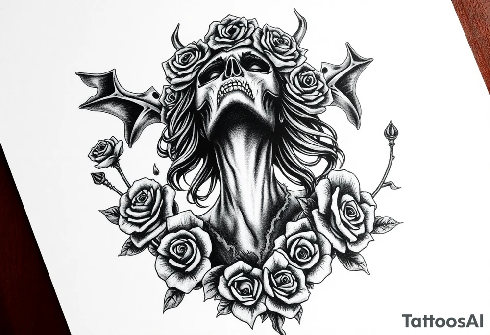 Powerful and evil day of the dead woman 
rising from the ashes of hell, surrounded by unclaimed souls and roses tattoo idea