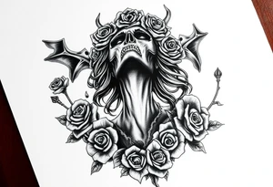 Powerful and evil day of the dead woman 
rising from the ashes of hell, surrounded by unclaimed souls and roses tattoo idea
