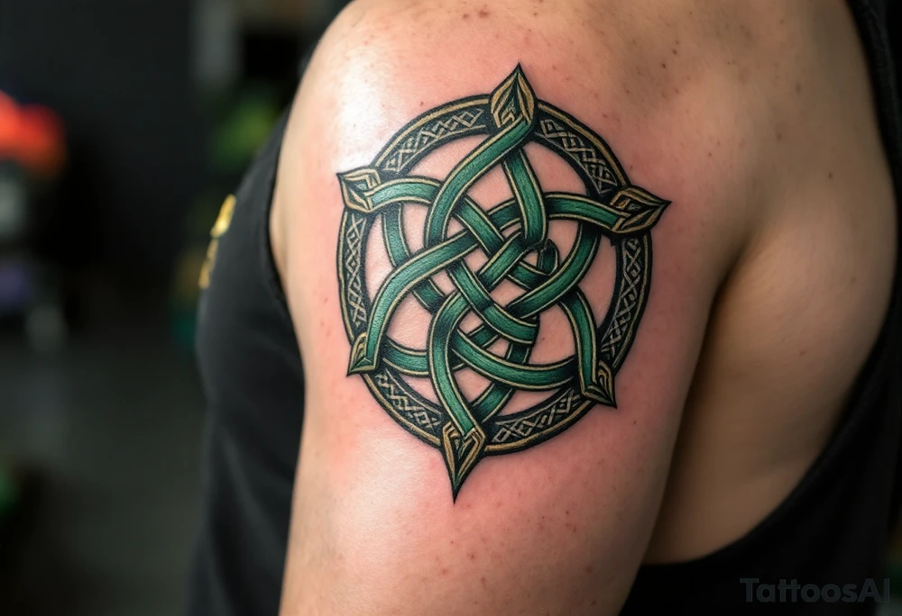 A dark green Celtic knot shield with woven loops symbolizing eternal protection. tattoo idea