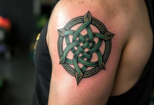 A dark green Celtic knot shield with woven loops symbolizing eternal protection. tattoo idea