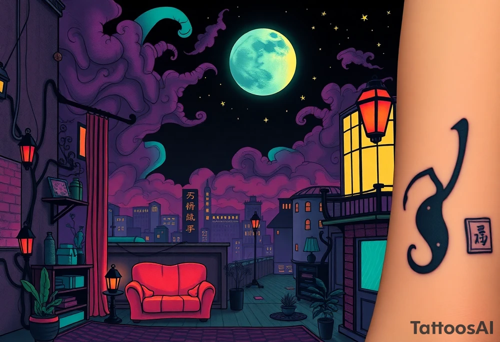 Tim Burton’s haunted pastel Tokyo apartment and dripping with muted reds, dusty pinks, and eerie green glow.purple and cyan smokey clouds swirl in the crescent moonlit sky thats sprinkled with stars tattoo idea tattoo idea