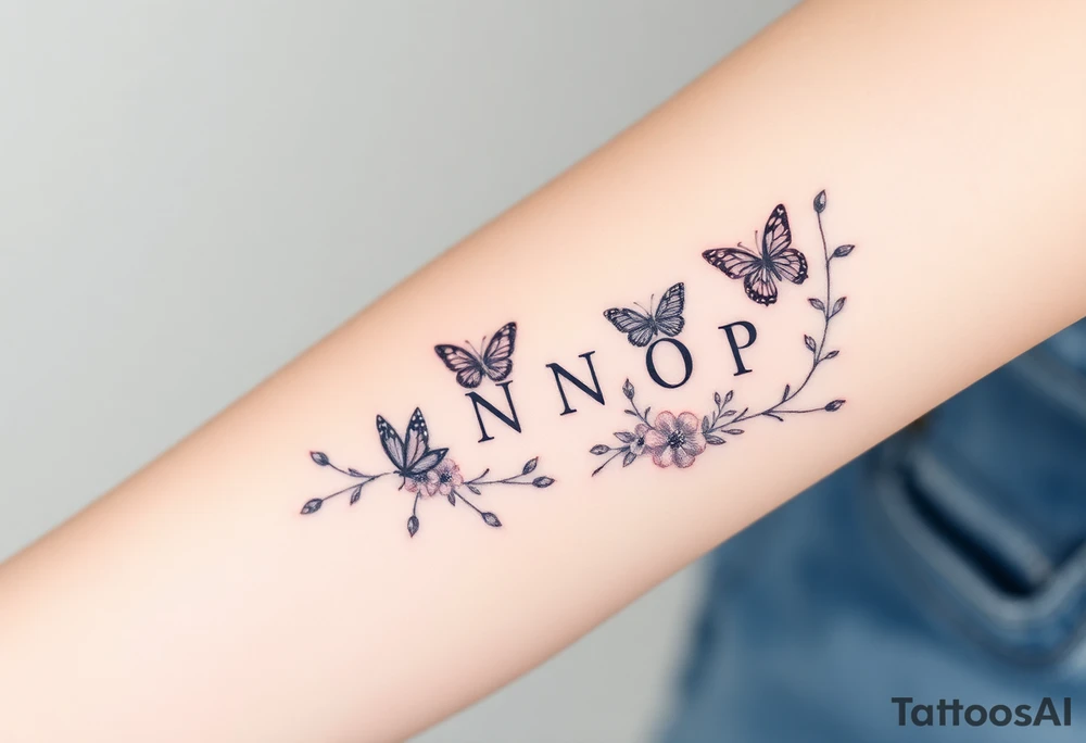 Love myself First with butterflies and flowers 
Letters L,M,N,O,P discreetly hidden among the foliage tattoo idea