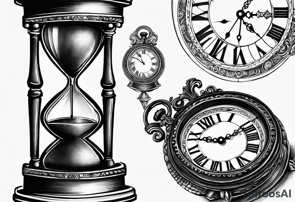draw a clock/hourglass. They are surrounded by Roman numerals. It is a black and white tattoo for the right shoulder of a man tattoo idea