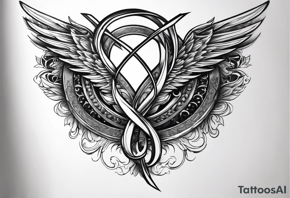 Infinity sign with dates 01/59-02/16 and angle wings in the background tattoo idea Infinity sign with dates 01/59-02/16 and angle wings in the background tattoo idea