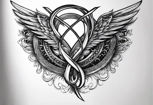 Infinity sign with dates 01/59-02/16 and angle wings in the background tattoo idea