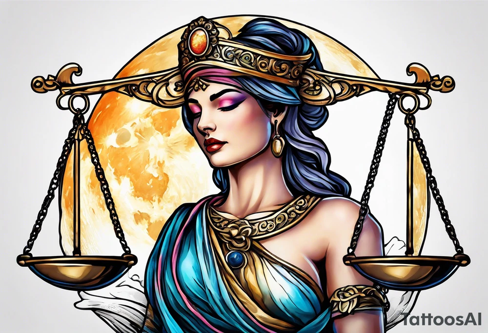 Themis holding the scales of justice while blindfolded with a moon in the background in color tattoo idea