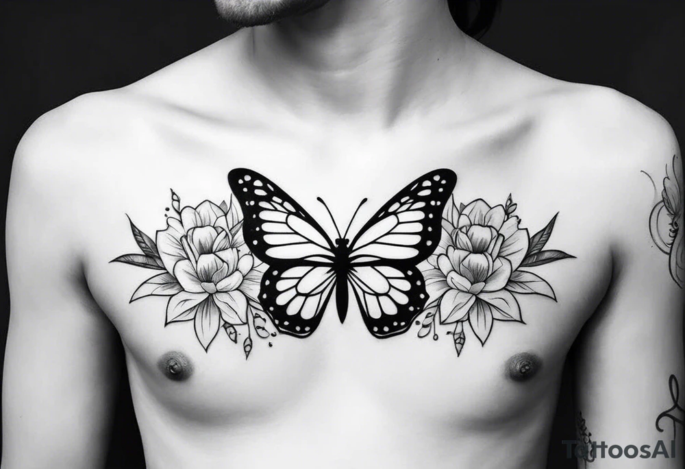 a simple, black minimalist chest tattoo with a butterfly in the centre and flowers elegantly behind it floating elegantly in horizontal position towards the shoulders tattoo idea