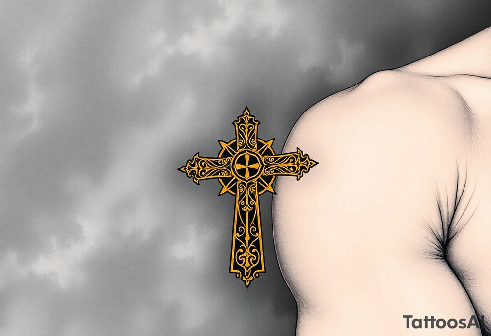 A golden Templar cross with filigree patterns, glowing against a dark stormy background, symbolizing divine strength tattoo idea