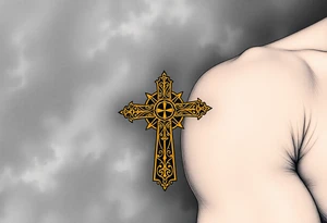 A golden Templar cross with filigree patterns, glowing against a dark stormy background, symbolizing divine strength tattoo idea