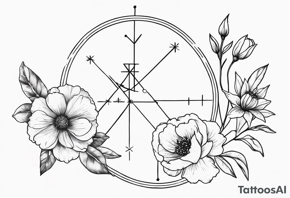 zodiac constellation two Sagittarius, one Capricorn one Gemini, with two november birth flower, january birth flower, june birth flower tattoo idea