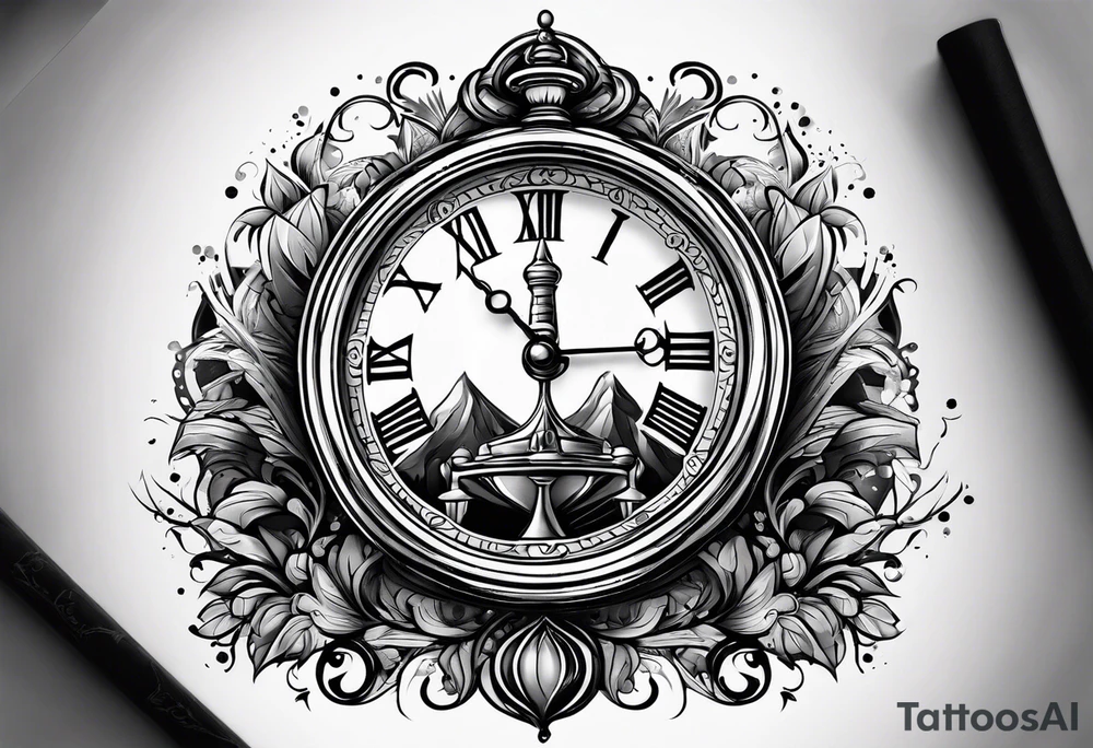draw a clock/hourglass. They are surrounded by Roman numerals. It is a black and white tattoo for the right shoulder of a man tattoo idea