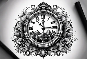 draw a clock/hourglass. They are surrounded by Roman numerals. It is a black and white tattoo for the right shoulder of a man tattoo idea
