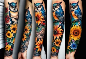 A lower forearm sleeve full colour mandala flowers, and owl, bees, pinecone, lady bugs. Moon sunflower honey suckle lighthouse blue Jay humming bird tattoo idea