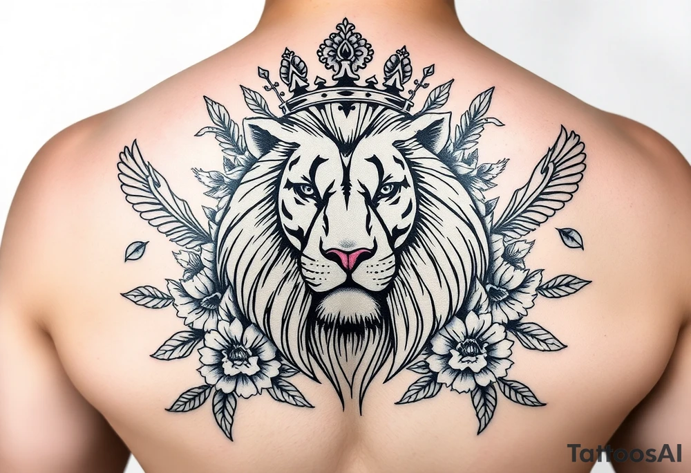 powerful majestic lion with a crown, surrounded by floral ornaments and birds tattoo idea