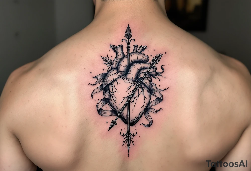 anatomical heart pierced by ornate arrow with flowing ribbons tattoo idea