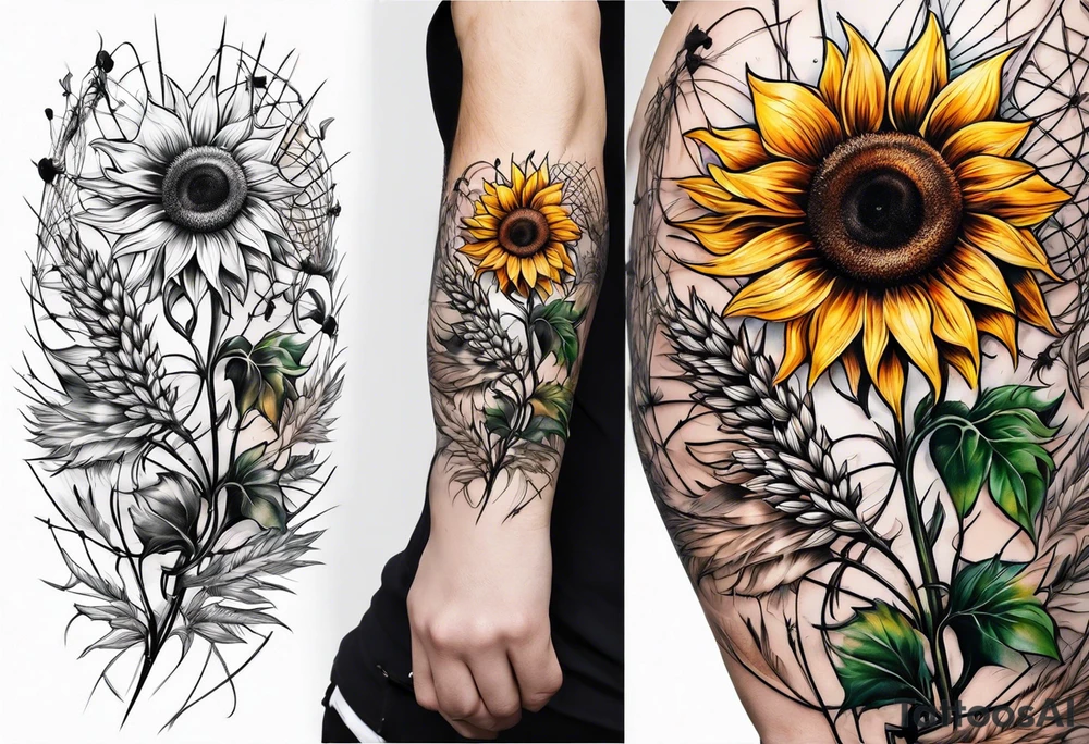 Sunflower, wheat, and barbed wire half sleeve tattoo idea Sunflower, wheat, and barbed wire half sleeve tattoo idea