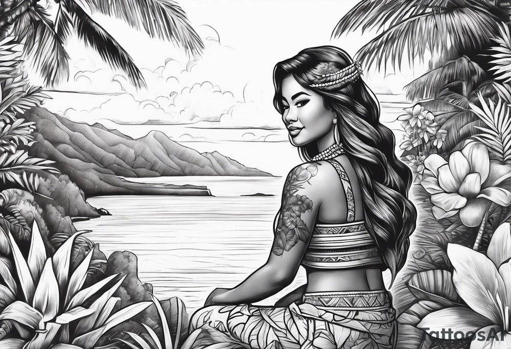 Hula Girl with scenic background tattoo idea