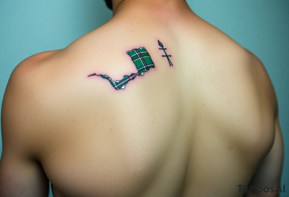Side of arm Dark Purple with green pink blue and white highlights tartan fabric with skin peeling away at edges tattoo idea
