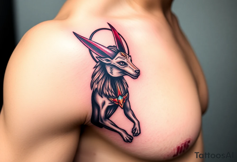 An Anubis with a Halo – Blending Egyptian mythology with Christian spirituality, symbolizing protection and righteousness (Red black and chrome blue are only colors possible) tattoo idea