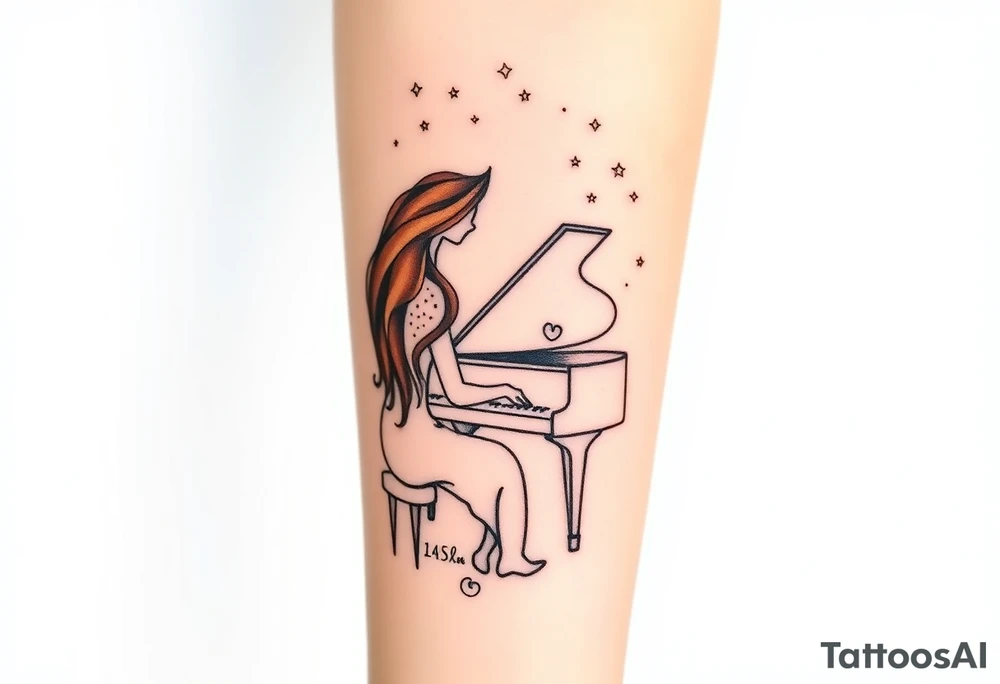Woman with long wavy brown hair playing a grand piano under the stars swirl tattoo idea