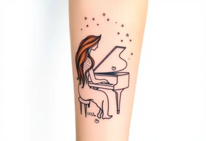 Woman with long wavy brown hair playing a grand piano under the stars swirl tattoo idea