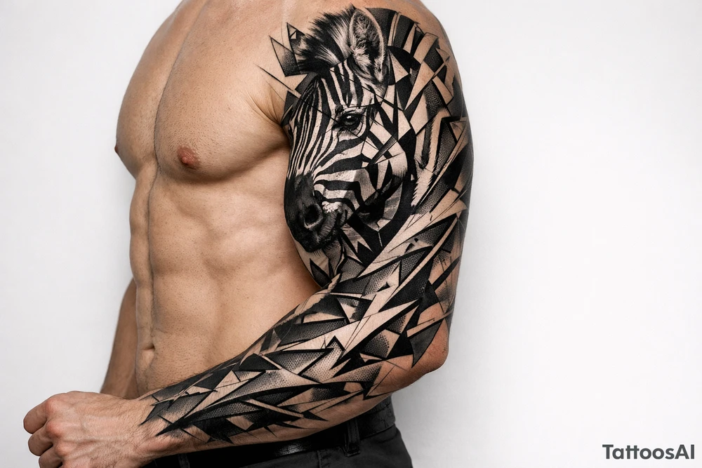 Fragmented hyperrealistic zebra head, geometric lines onto shoulder, chest. tattoo idea