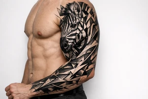 Fragmented hyperrealistic zebra head, geometric lines onto shoulder, chest. tattoo idea