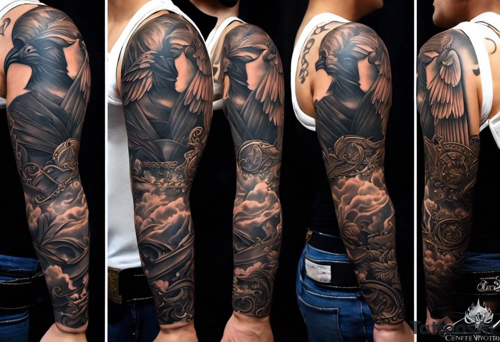 A full tattoo sleeve inspired by Greek mythology, featuring a powerful and masculine design. The sleeve includes a depiction of the Greek goddess Athena, portrayed with a strong and authoritative presence, symbolizing wisdom and strength. However, she is not the main focal point. The centerpiece is a dramatic image of a fallen angel, wings outstretched as it descends, symbolizing struggle and redemption. The design is bold, with sharp contrasts and clean lines, emphasizing the dynamic movement of the falling angel. Surrounding these figures, incorporate a mandala effect with geometric patterns that add a sense of order amidst the chaos. Additional elements such as an owl with fierce eyes, a warrior's helmet, and olive branches are woven throughout, adding depth and reinforcing the mythological theme. The overall aesthetic is intense and rugged, blending elements of power, wisdom, and fallen glory into a cohesive, masculine design. tattoo idea