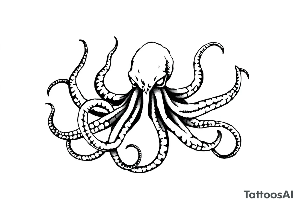 A minimalist blackwork tattoo design of an evil kraken The kraken is viewed from a 45-degree angle facing left, with its head centered. The tentacles extend only to the left and right, with none going downward beneath the head. The style is clean, fine-line detailing with bold outlines, avoiding heavy shading. The tentacles should be fluid, aggressive, and striking, enhancing the menacing and eerie look of the kraken while maintaining a cohesive design for a tattoo sleeve. tattoo idea