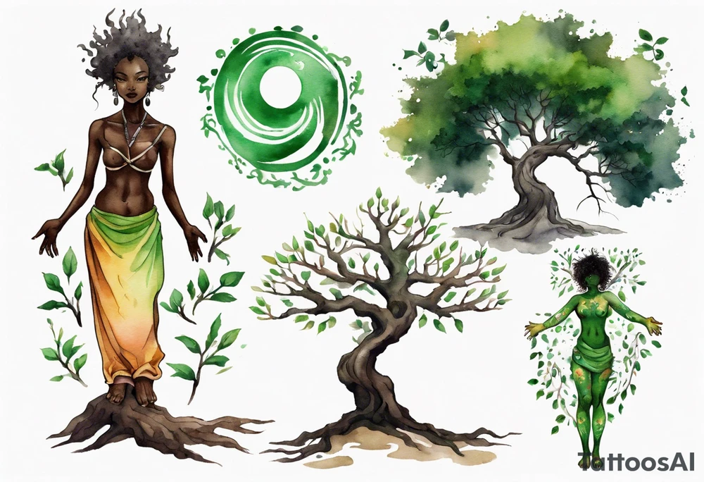 A tree woman with dark skin with green eyes with feet planted in the dirt and branch arms reaching up towards the sun tattoo idea