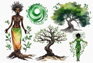 A tree woman with dark skin with green eyes with feet planted in the dirt and branch arms reaching up towards the sun tattoo idea