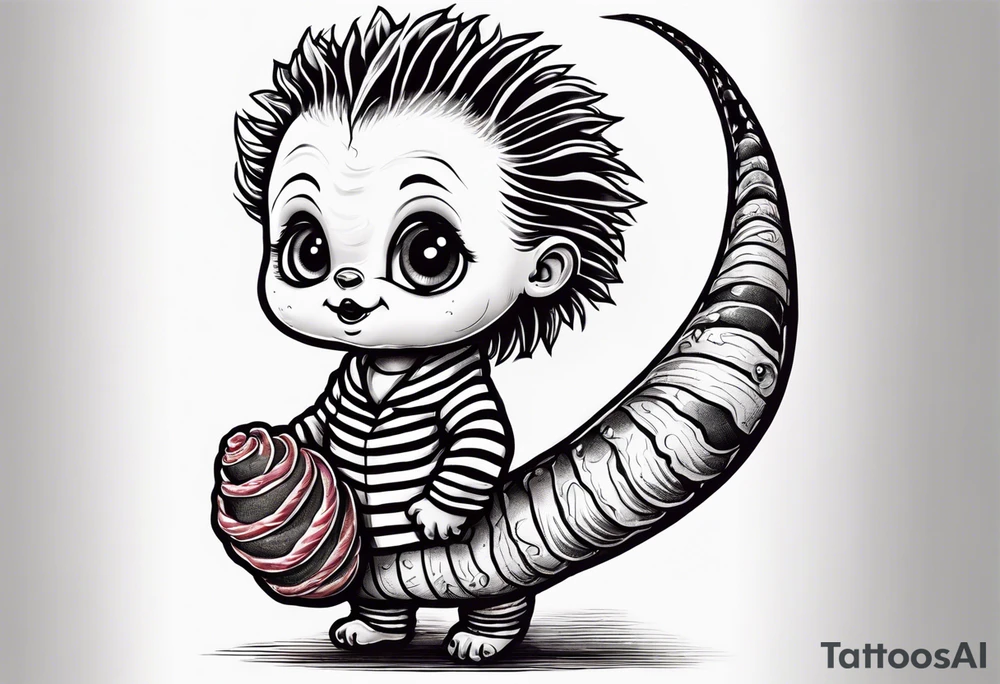 Baby Beetlejuice holding a stuffed toy of the sandworm tattoo idea