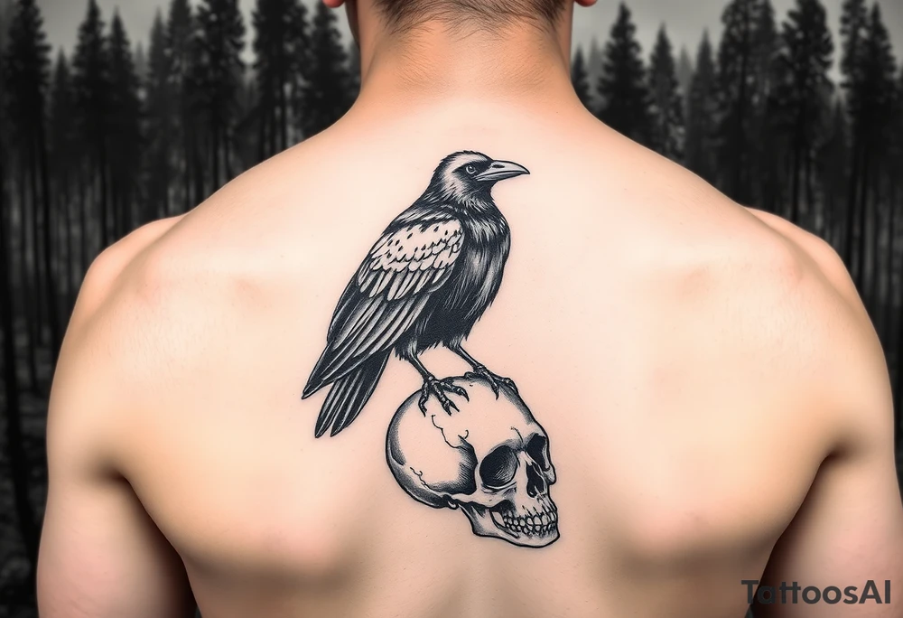 a raven stands on a skull, a forest in the background. tattoo idea