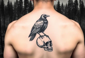 a raven stands on a skull, a forest in the background. tattoo idea