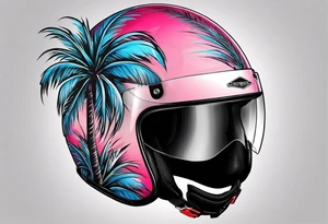 Formula 1 helment with a palm tree and black pink and light blue color tattoo idea