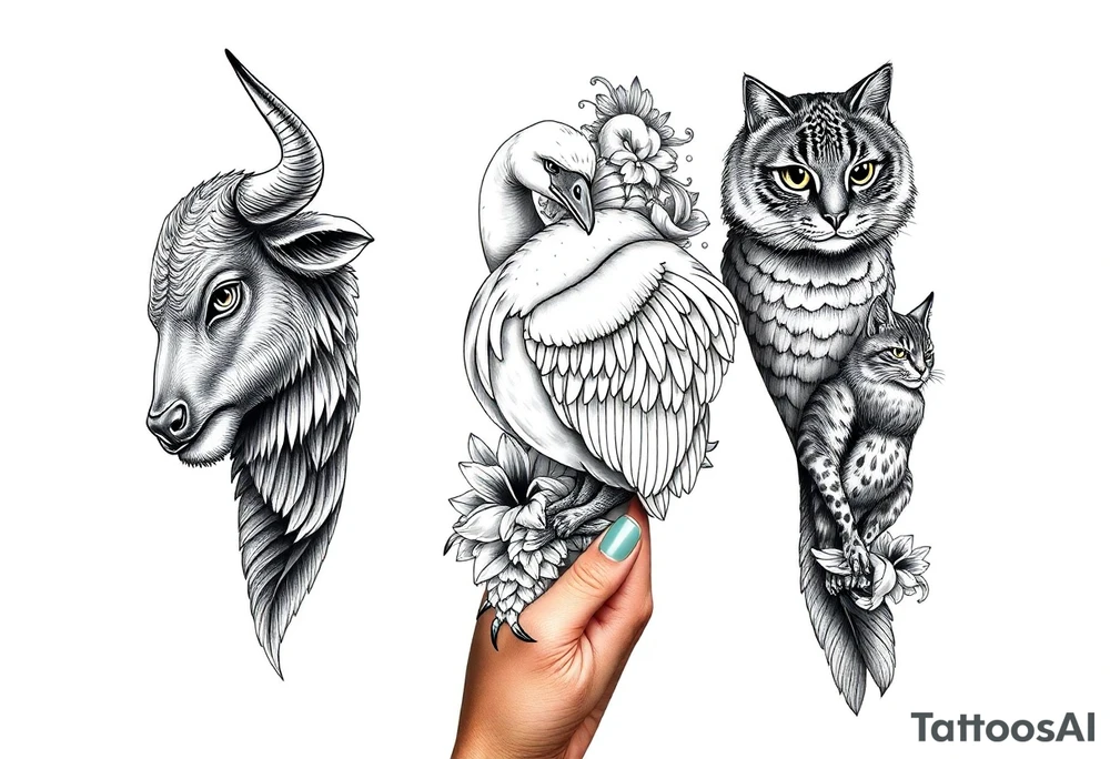 Animals, bull, dog, swan, owl, cat, tattoo idea