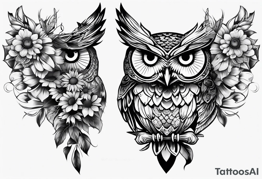 Sleeve with an owl, sunflower and butterfly tattoo idea