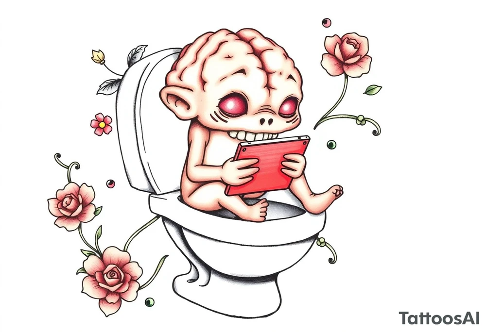 big fat brain rot kid with a ipad on the toilet shitting with skibidi toilet tattoo idea