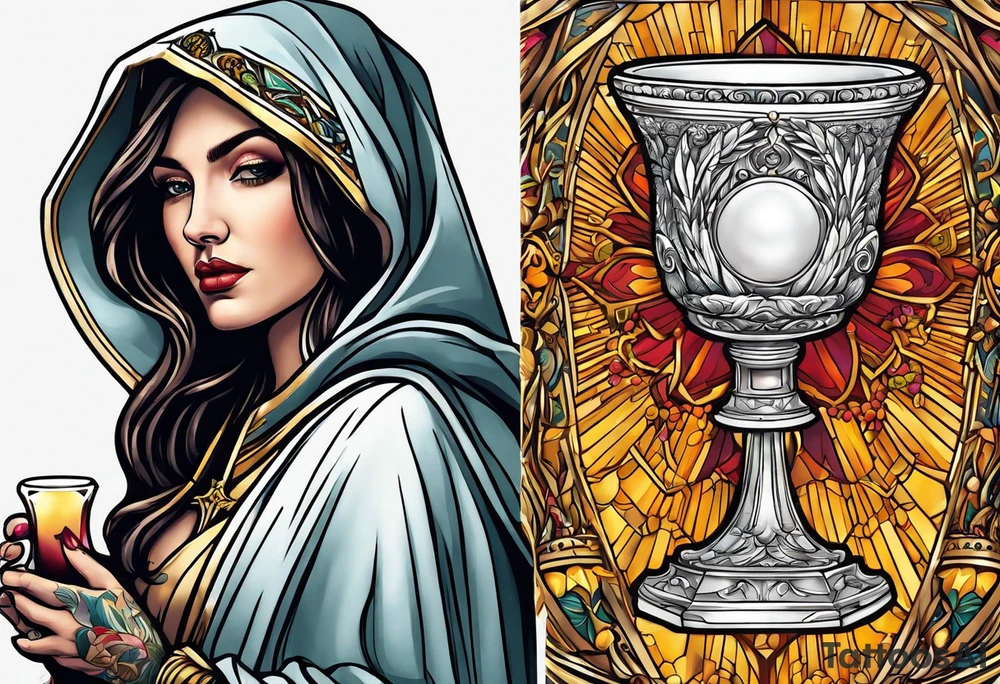 holy saint woman turned away
 holding a chalice tattoo idea