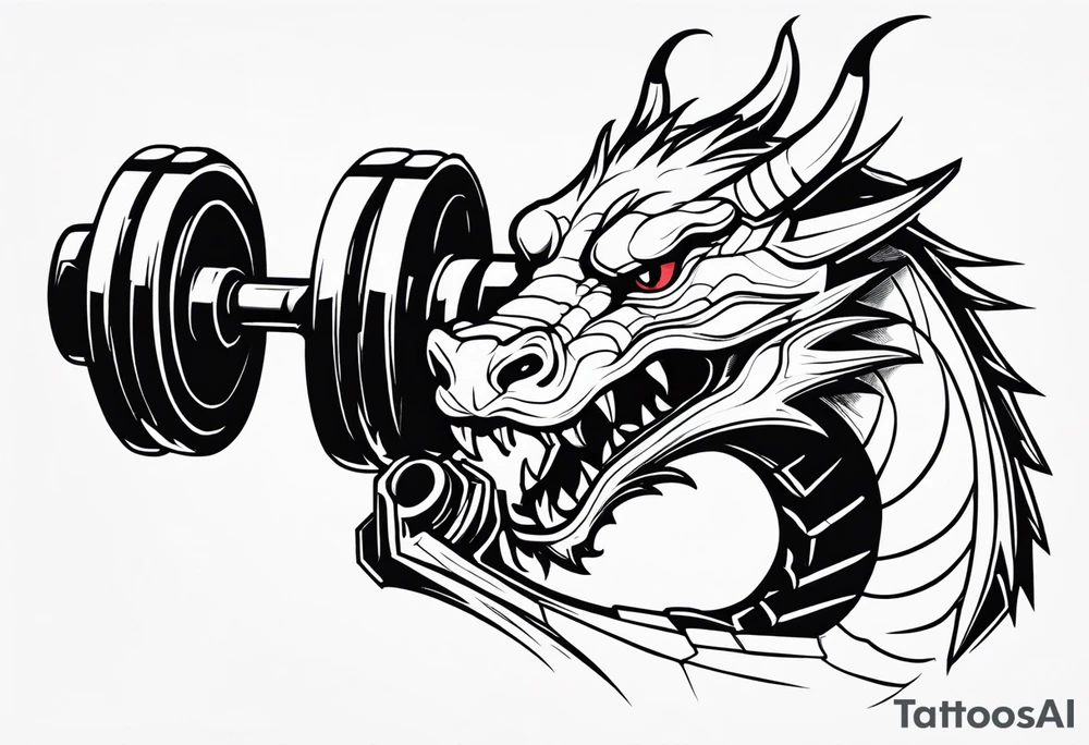 Dragon biting a dumbbell tattoo idea