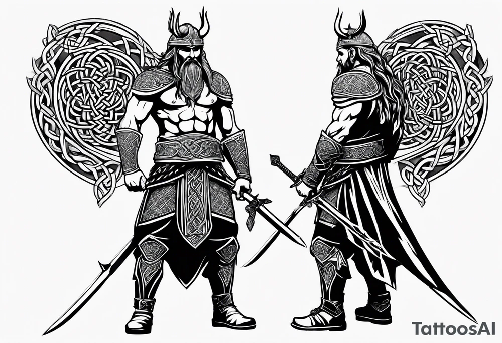 Full body side profile of Celtic warrior with weapons drawn tattoo idea