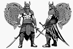 Full body side profile of Celtic warrior with weapons drawn tattoo idea