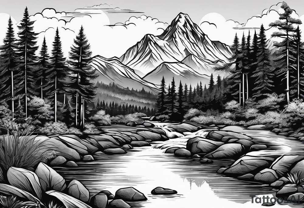 Mountain scene with a river with a subtle peace sign. Use IT IS WELL written in the scene tattoo idea