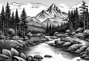 Mountain scene with a river with a subtle peace sign. Use IT IS WELL written in the scene tattoo idea
