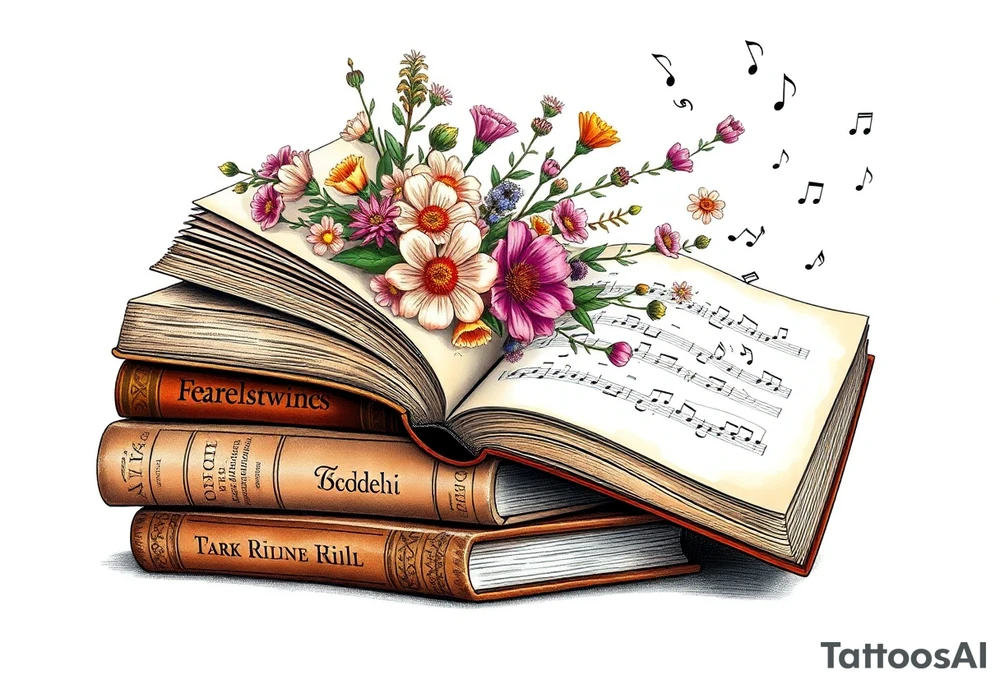 stack of 3 vintage books with famous names on the spines top book open with bouquet of different kinds of wild 
flowers coming out of it
Music notes dancing around in the background tattoo idea