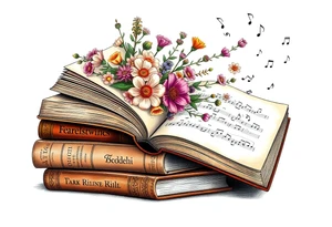 stack of 3 vintage books with famous names on the spines top book open with bouquet of different kinds of wild 
flowers coming out of it
Music notes dancing around in the background tattoo idea