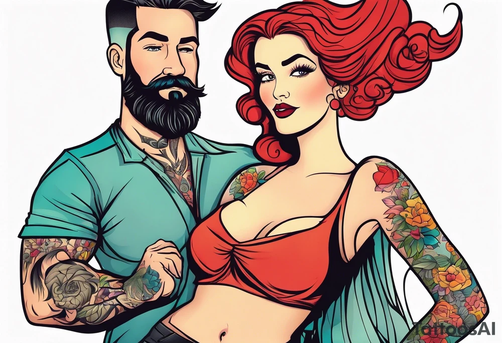 Busty Red haired woman with black haired bearded man tattoo idea